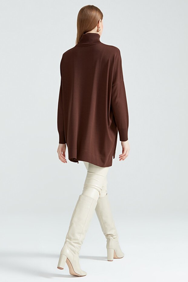 Balıkçı Yaka Oversize Basic Triko Tunik ACI KAHVE - 4