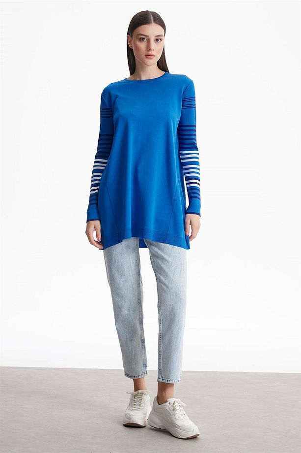 Kolları Çizgili Basic Rayon Triko Tunik Saks - 2