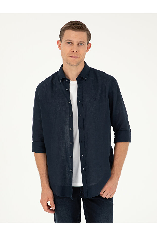 Navy Blue Regular Fit 100% Linen Shirt 50284823-Vr033