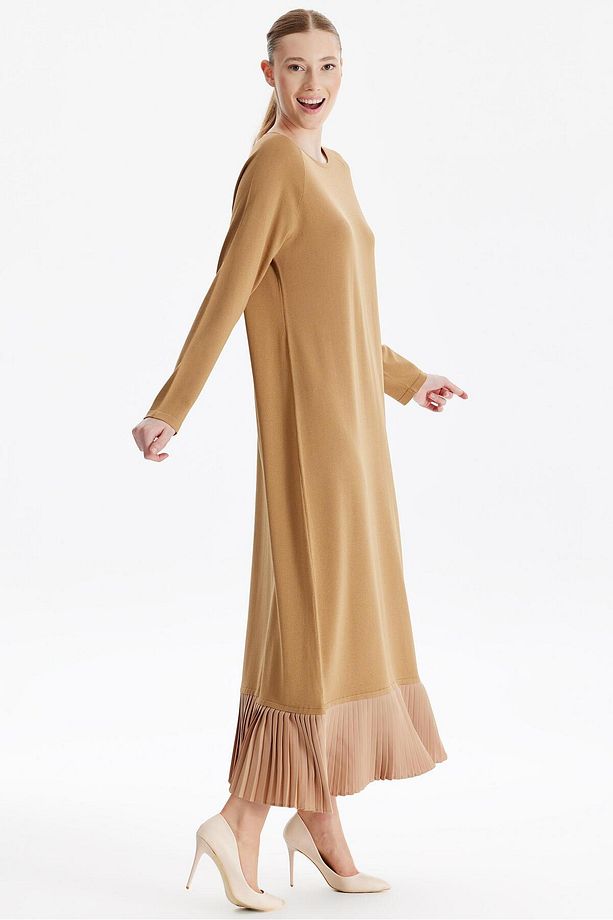 Etek Altı Piliseli Rayon Elbise CAMEL - 3
