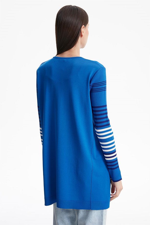 Kolları Çizgili Basic Rayon Triko Tunik Saks - 4