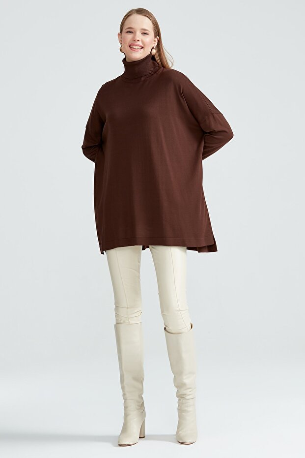 Balıkçı Yaka Oversize Basic Triko Tunik ACI KAHVE - 2