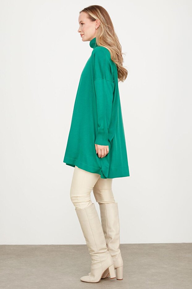 Balıkçı Yaka Oversize Basic Triko Tunik YEŞİL - 3