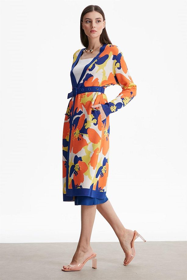 Çiçek Desenli Rayon Hırka Saks - 1