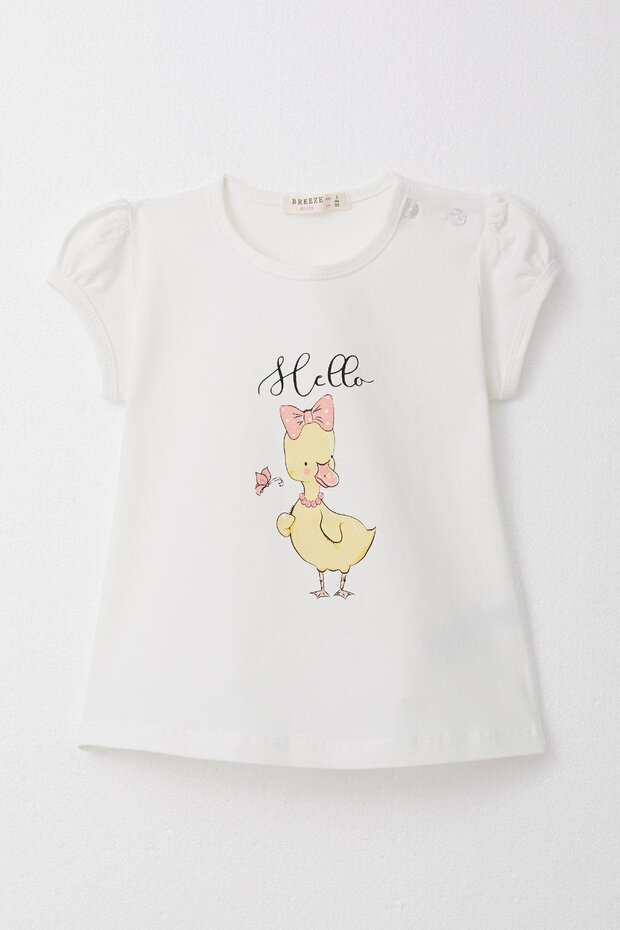 Girl's T-Shirt with Fancy Bow and Duck Print, Ages 1-4, Ecru