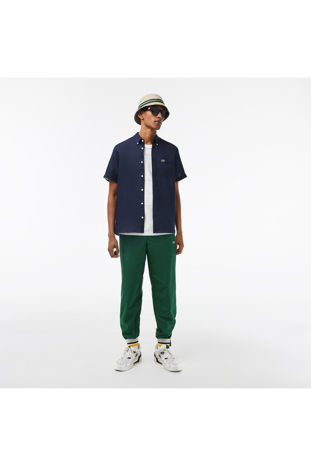 Erkek Regular Fit Kısa Kollu Düğmeli Yaka Keten Lacivert Gömlek - 5