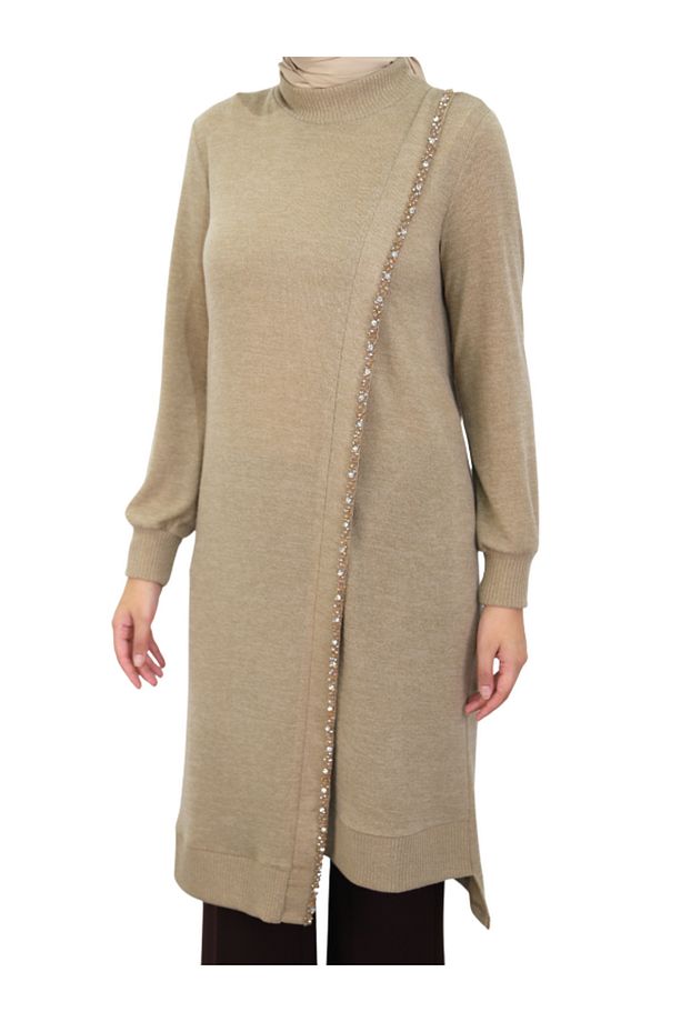 Boncuk Işlemeli Triko Tunik-bej - 2