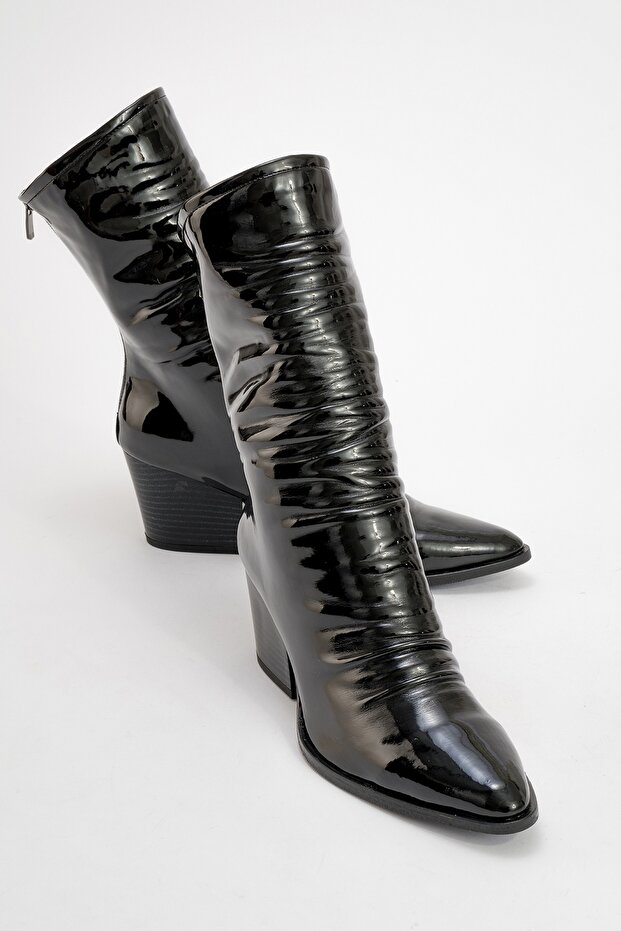 Laval Black Patent Leather Women's Thick Heeled Boots with Back Zipper