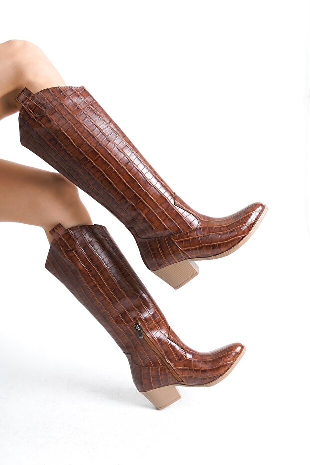 Tan Crocodile Zippered Western Cowboy Women's Long Knee High Boots