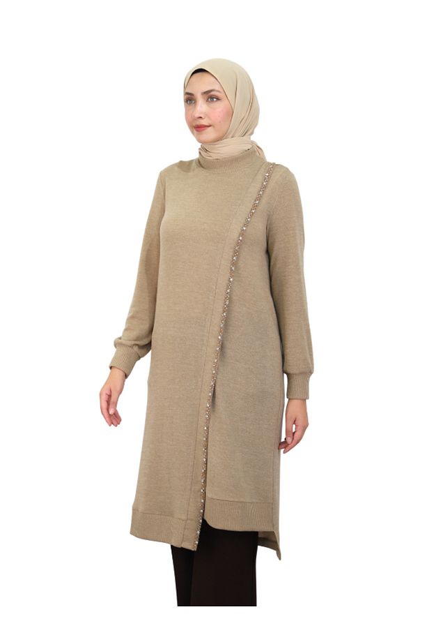 Boncuk Işlemeli Triko Tunik-bej - 3