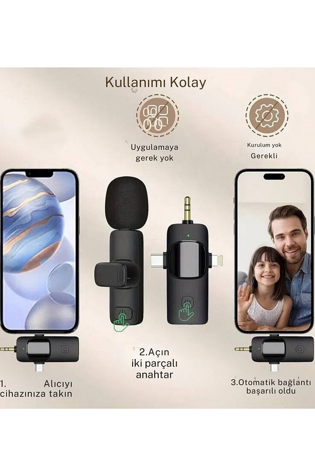 2'li Kablosuz Yaka Mikrofonu Typc /Iphone Girişli Telefon Uyumlu Wirelees Yaka Mikrofonu - 7