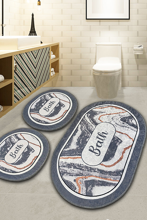 Lomm Gray 60X100 50X60 50X60 Non-Slip Base 3-Piece Bathroom Mat Set