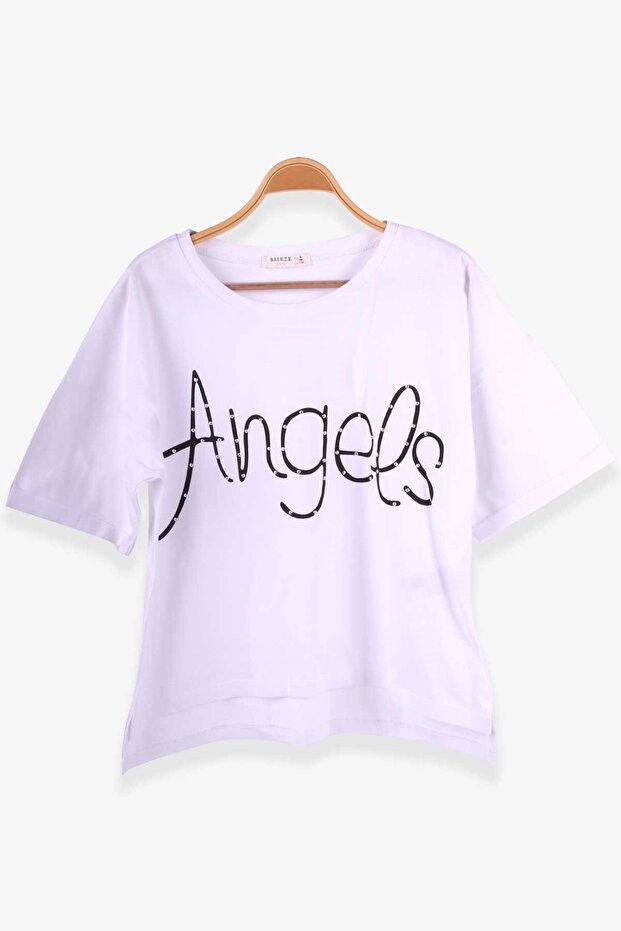 Girl's T-shirt with Stone Text Printed 9-16 Years Old, White