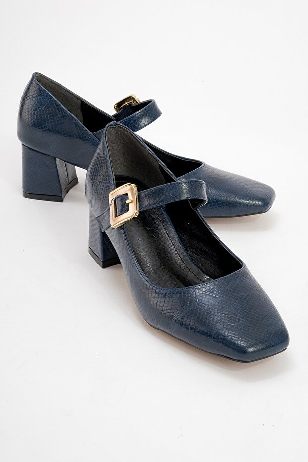 Dolva Navy Patterned Women's Thick Heeled Shoes