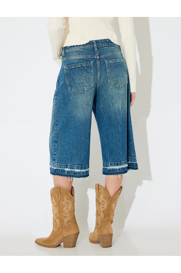 X Inji - Uzun Bermuda Denim Şort Kesik Paça Düğme Detaylı - 4