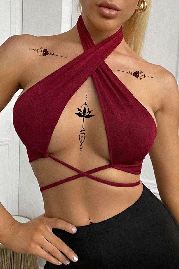 Gerçek Dövme Görünümlü Göğüs Arası Lotus Çiçek Modelli 3 Boyutlu Tattoo - 1