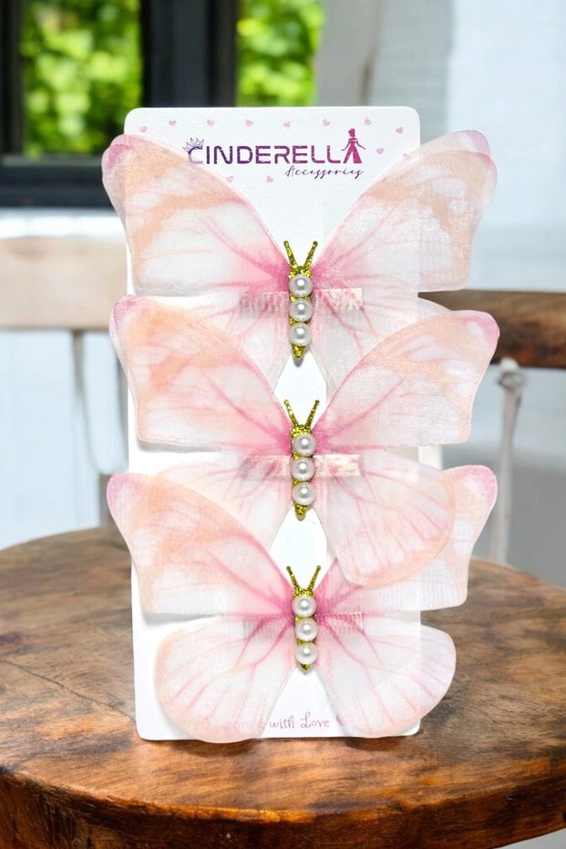 Set of 3 Pink Gradient Pearl Stone Tulle Moving Butterfly Hair Clips 10cm - Large Size Butterfly Hair Clips