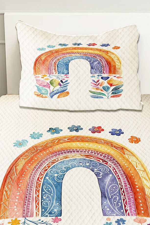 Boho Gökkuşağı Sulu boya Desenli Kız Çocuk Tek Kişilik Pike Takımı Kapitoneli Yatak Örtüsü - 3