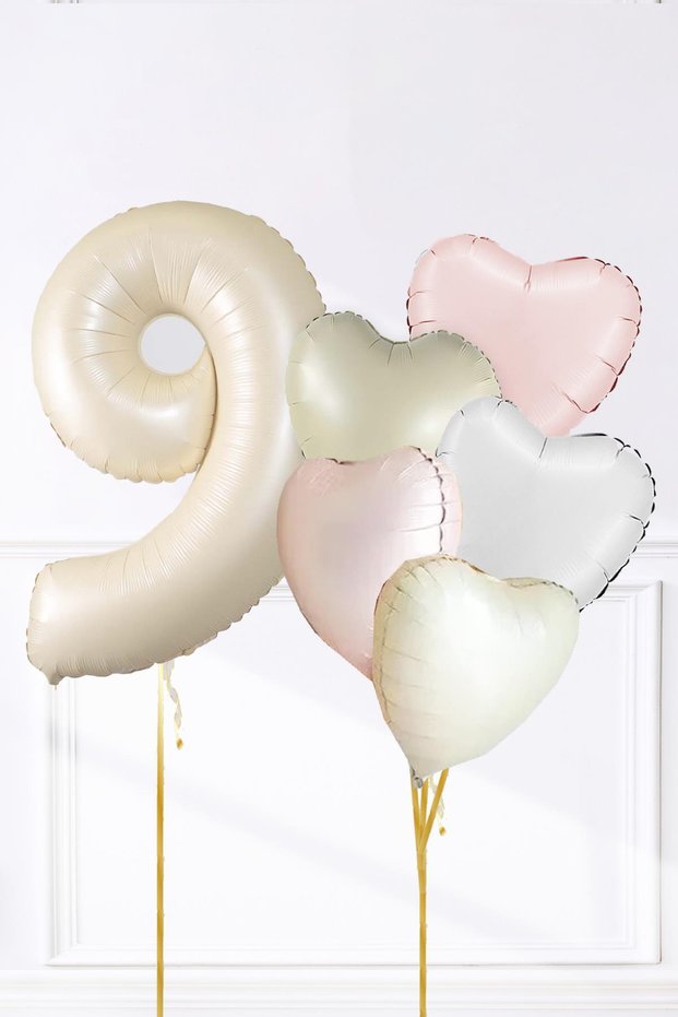 Satin Pink White Retro Cream Colors Birthday Balloon Set with Heart and Age Numbers