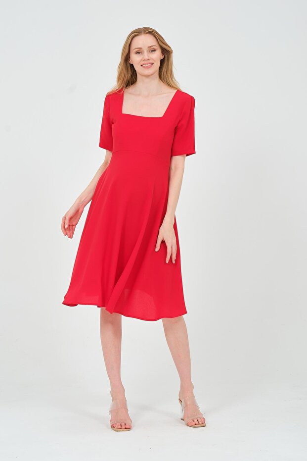 Maternity Midi Length Short Sleeve Square Neck Evening Dress Red
