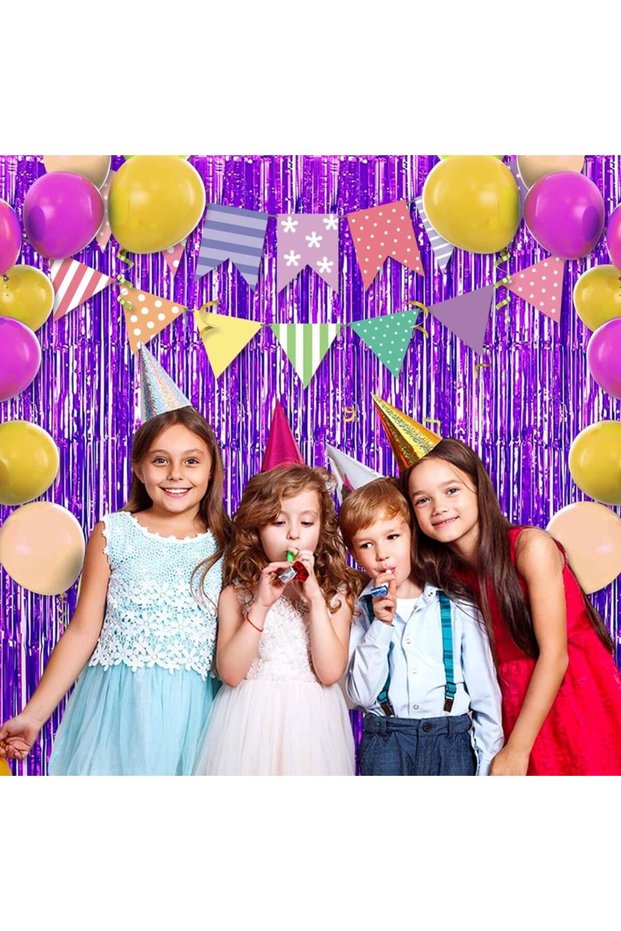 Purple Color Extra Metallized Shiny Fringed Background Curtain Imported A Quality 1x2 Meters