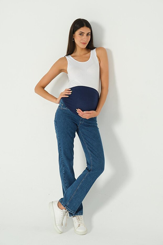 Maternity Stretchy Belly Band Adjustable Waist Plus Size Straight Leg Jeans Blue