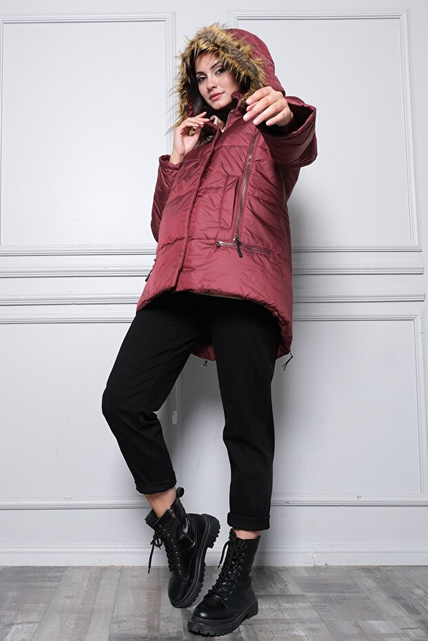 Maternity Zipper Detailed Inflatable Maternity Jacket Claret Red
