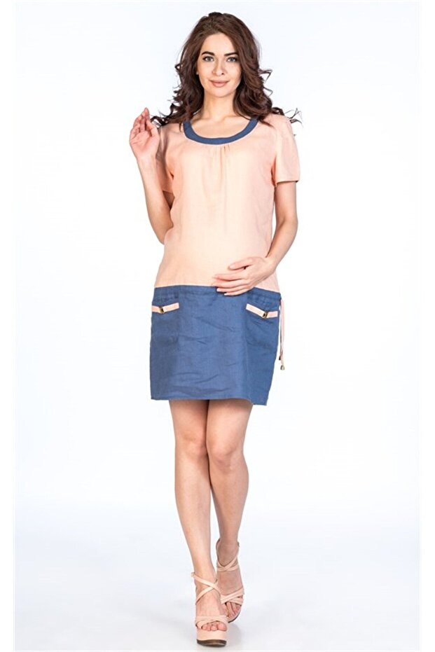 Maternity Casual Dress Skirt with Pocket Blue Collar Yavruağzı