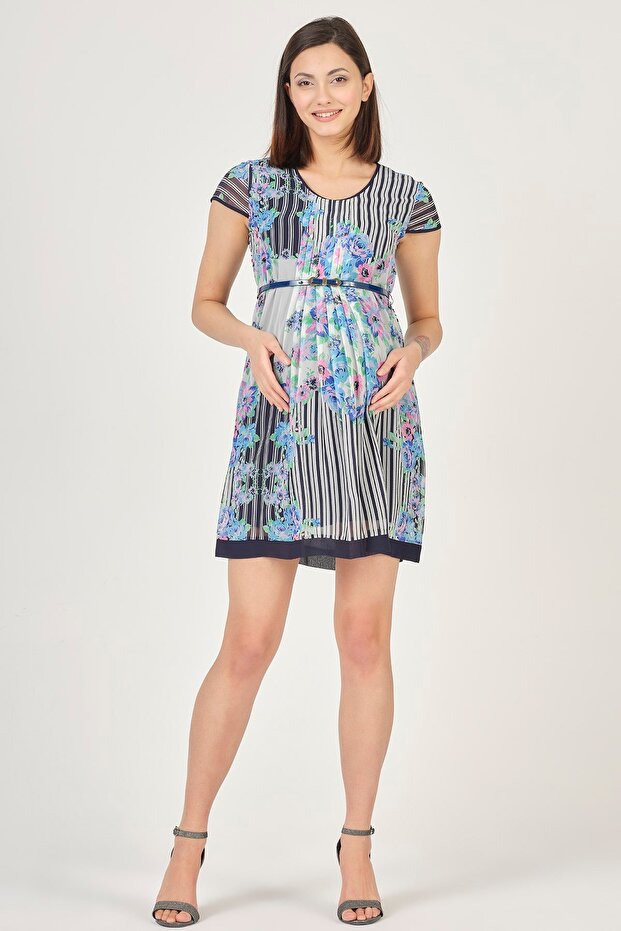 Pregnant Casual Dress Red Belted Floral Patterned Indigo
