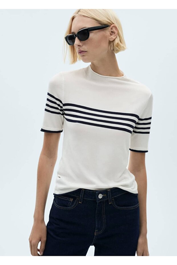 Çizgili Ince Triko Kazak - 1