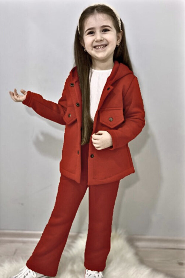 Girl's Tracksuit Set with Fleece Inside 3 Thread Ribbon Thick Winter Wide Leg Pants and Jacket