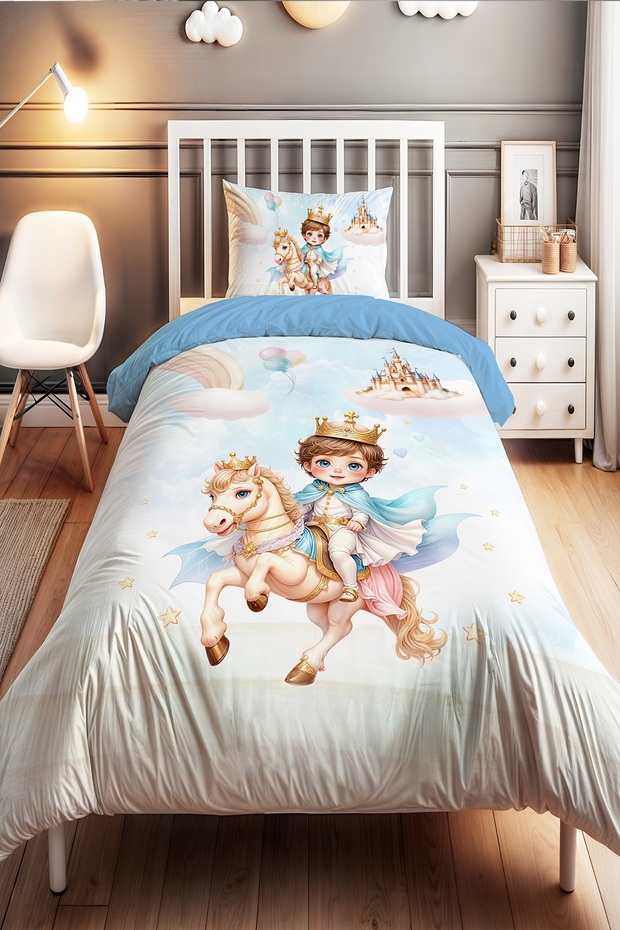 White Crowned Prince Patterned Single Baby Kids Duvet Cover Set