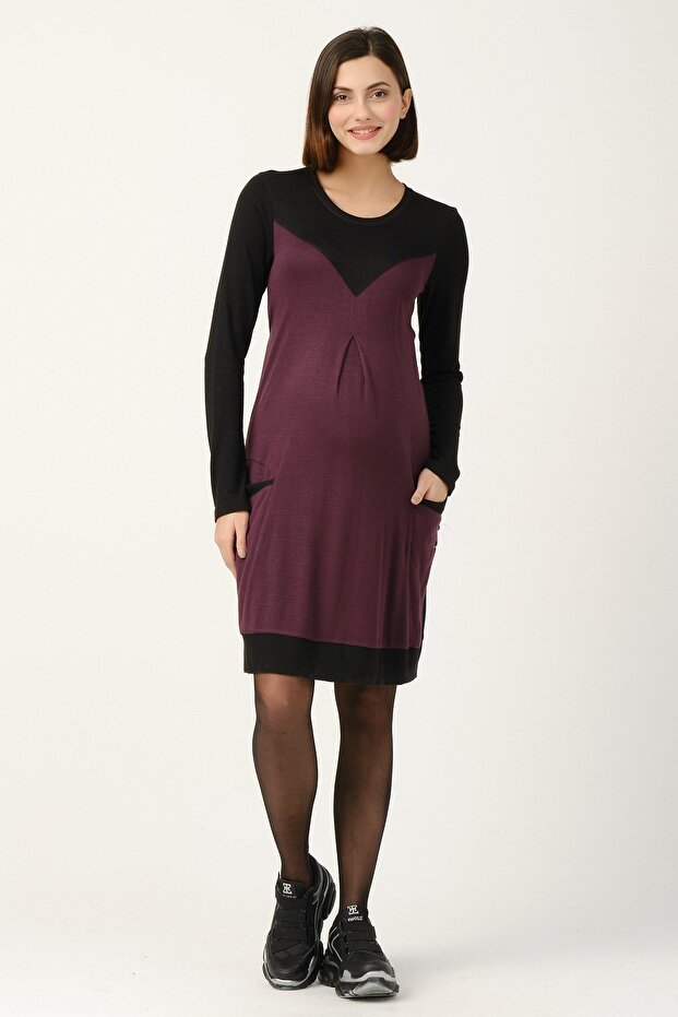 Maternity Knitted Pocket Midi Casual Dress Purple
