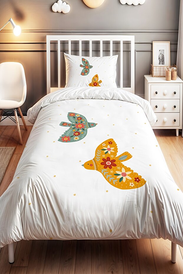 Embroidered Birds Patterned Single Baby Kids Bedding Set