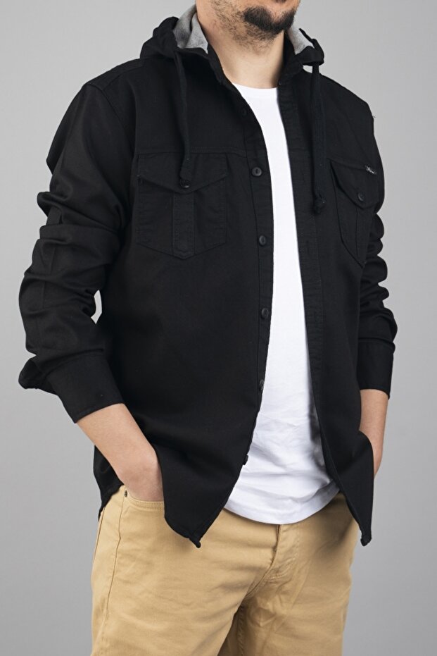 Чоловіча джинсова куртка з капюшоном з чорного деніму Сорочка з капюшоном - 2