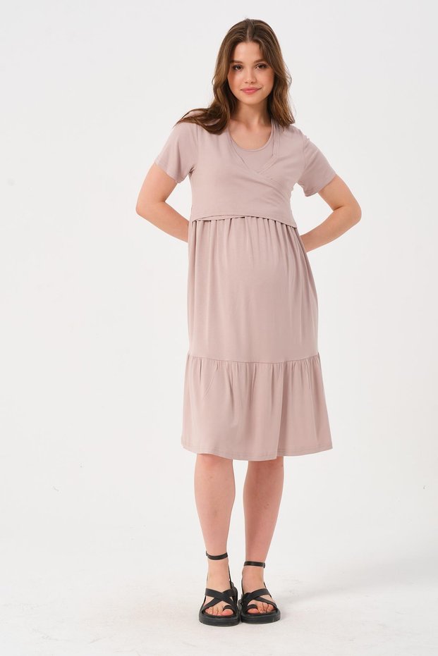 Pregnant Women Breastfeeding Detailed Short Sleeve Combed Cotton Dress Beige