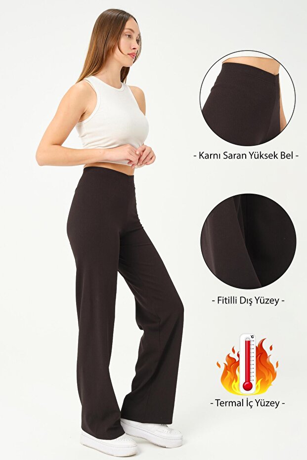 Fleece Lined Thermal Ribbed Wide Leg Sweatpants Full Length High Waist Black