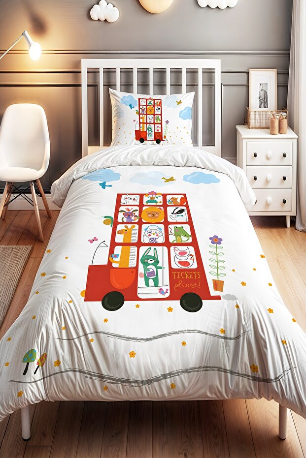 Red Bus Safari Patterned Single Baby Kids Bedding Set