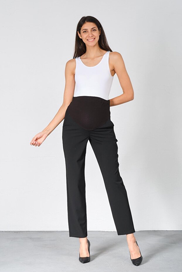 Maternity Stretchy Abdominal Band Mom Fit Classic Gabardine Trousers Black