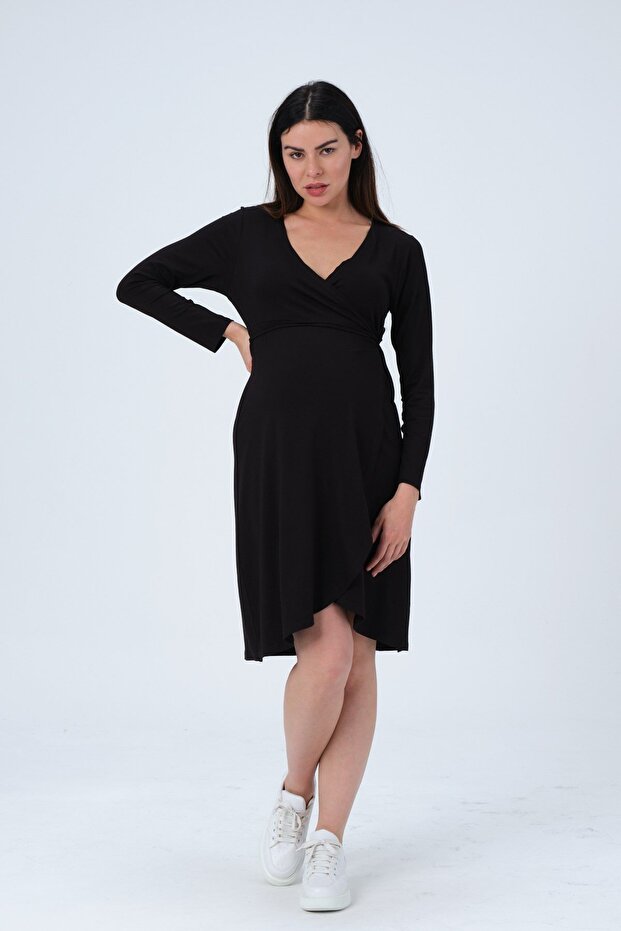 Maternity Front Lace-Up Easy-To-Wear Long Sleeve Combed Cotton Dress Black