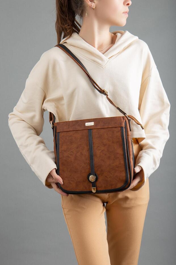 Skin 2 Compartment Covered Zippered Tan Black Women's Shoulder Bag