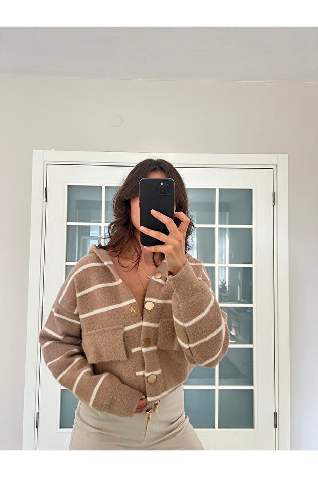 Çizgili Kapüşonlu Triko Ceket - 4