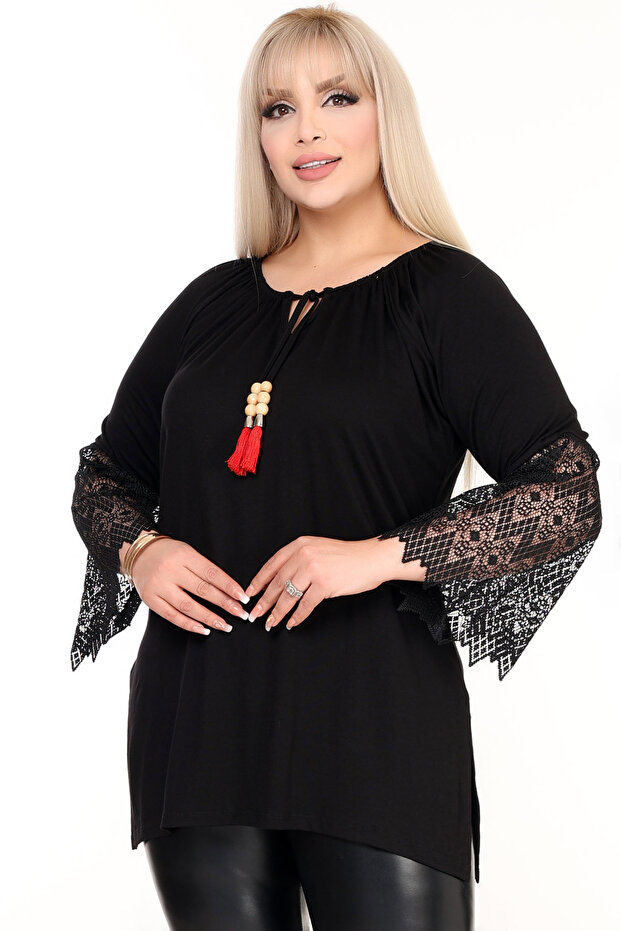 Tassel and Bead Lace Detail Round Boat Neck Long Flounce Ruched Sleeve Flowy Plus Size Blouse