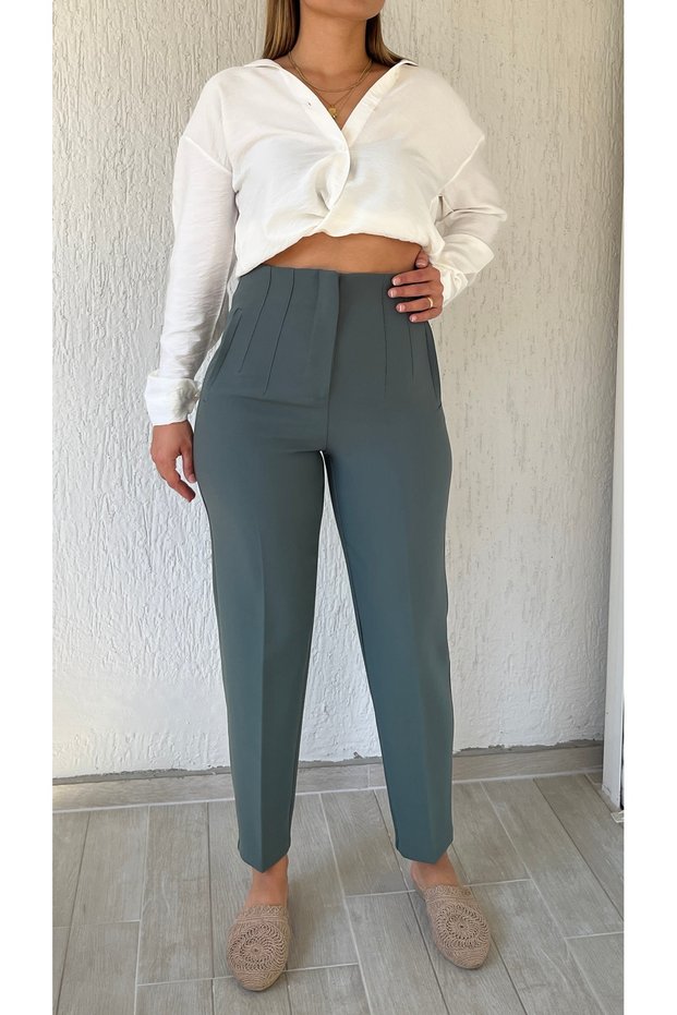 Green Front Filate Fabric Trousers