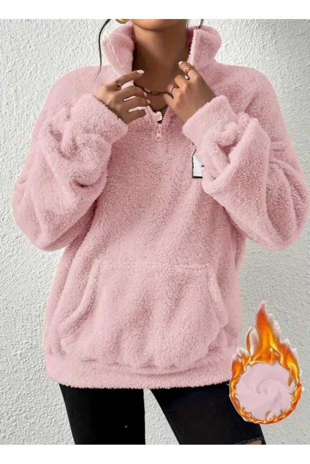 Women's Clothing for Autumn and Winter, Mock Neck Plush with Zipper, Comfortable Long Sleeves, with Pockets, Sweatshirt