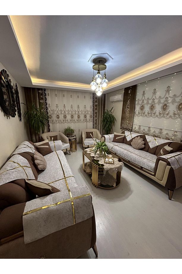 Yeni Moda Lüks Kadife Süngelri Koltuk Çekyat Örtüsü (12PARÇE TAKIM 3,3,1,1) AÇIK GRİ Rengi - 2