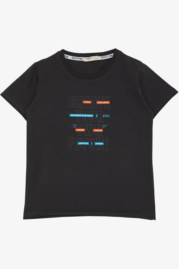 Boy's T-Shirt with Letter Print Detail, Cut Hem and Cut Sleeves, Ages 8-14, Anthracite