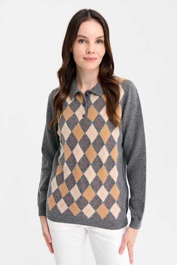 Women's Polo Collar Wool Sweater with Diamond Pattern on the Front, Smoked