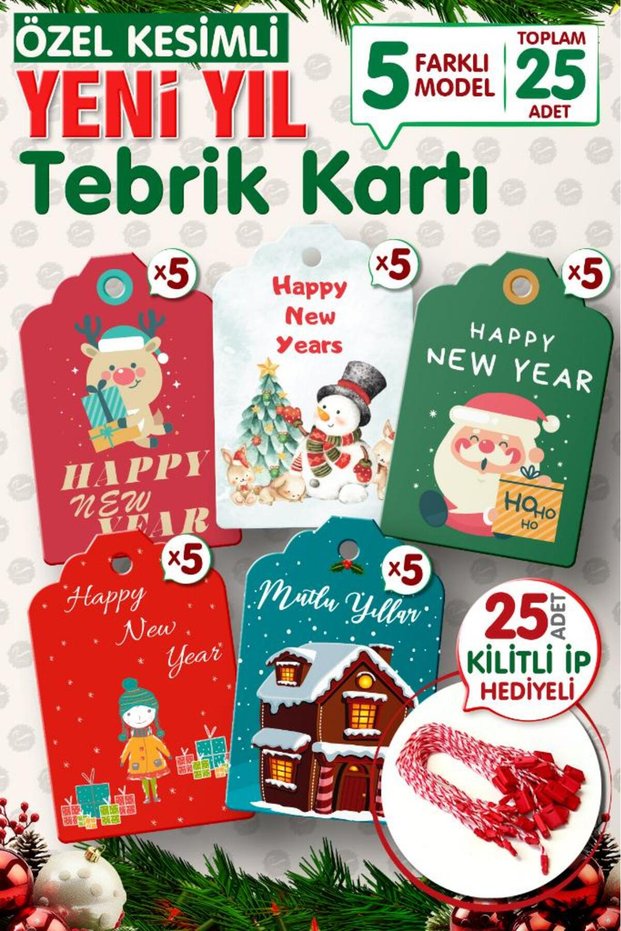 New Year Gift Package Tag 25 Pieces 7X4,5 Cm, 25 Ziplock Rope Gifts - Happy New Year Y4-