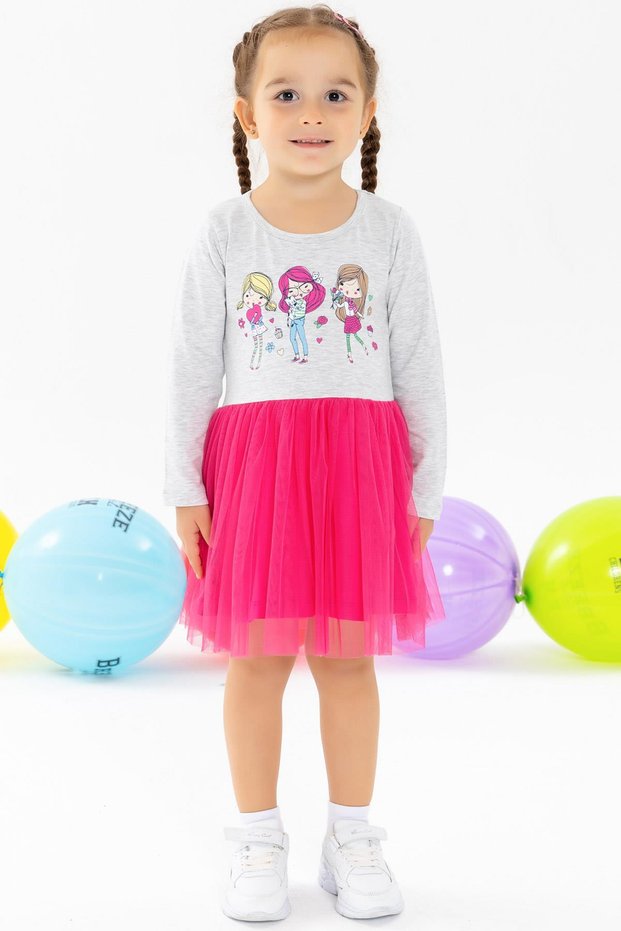 Girl's Long Sleeve Dress Printed 1.5-5 Years, Light Gray Melange